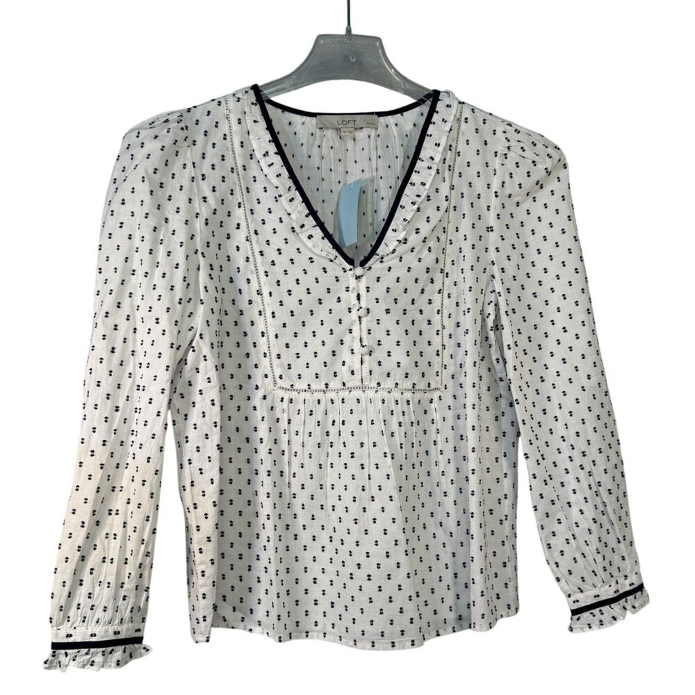 Loft Womens White & Navy Polka Dot Blouse Size S Petite